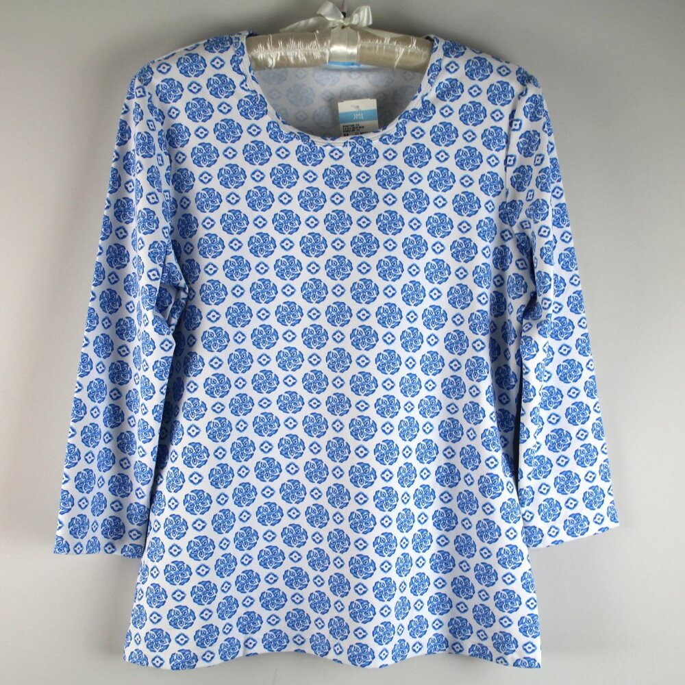 J. McLaughlin Signature Tee 3/4" Sleeve White Light Denim Floral Print Top M NWT